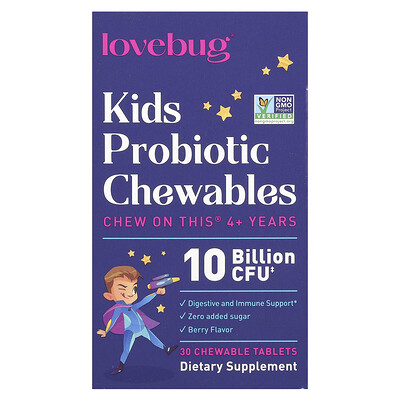 Product Image for LoveBug Probiotics, Kids Probiotics, 4+ Years, Berry, 10 Billion CFU, 30 Chewable Tablets
