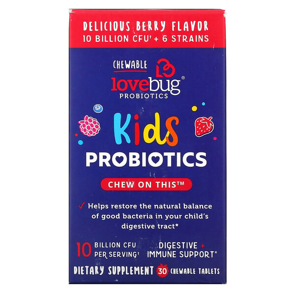 LoveBug Probiotics‏, بروبيوتيك للأطفال، نكهة التوت اللذيذة، 10 مليار وحدة تشكيل مستعمرة، 30 قرصًا قابلًا للمضغ