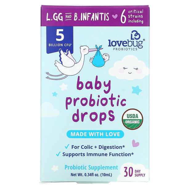 LoveBug Probiotics, ベビープロバイオティクス※ドロップ、50億CFU、10ml（0.34液量オンス）※生きたまま腸に到達できる菌株のこと