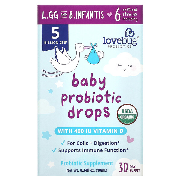 LoveBug Probiotics‏, טיפות פרוביוטיקה לתינוקות, 5 מיליארד CFU‏, 10 מ“ל (0.34 אונקיות)