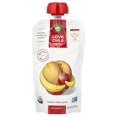 Love Child Organics, Nature's Path, Organic Baby Puree, 6 Months+, Bananas, Strawberries, Peaches, 4 oz (113 g)