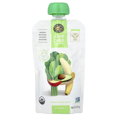 Love Child Organics, Nature's Path, Organic Baby Puree, 6 Months+, Apples, Bananas, Spinach, Avocado, 4 oz (113 g)