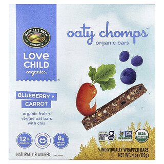 Love Child Organics, Nature's Path，Oaty Chomps™ 有機零食棒，12 個月以上，藍莓 + 胡蘿卜，5 條獨立包裝，每條 0.8 盎司（23 克）