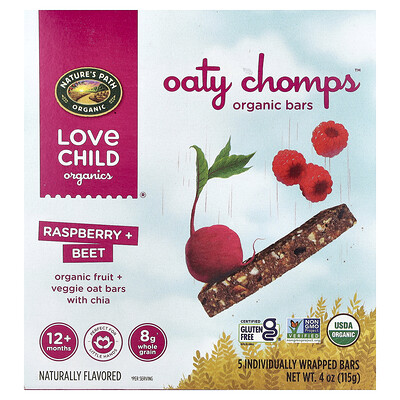 Product Image for Love Child Organics, Nature's Path, Oaty Chomps Organic Bars, 12+ Months, Raspberry + Beet, 5 Individually Wrapped Bars, 0.8 oz (23 g) Each