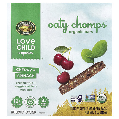 Product Image for Love Child Organics, Nature's Path, Oaty Chomps Organic Bars, 12+ Months, Cherry + Spinach, 5 Individually Wrapped Bars, 0.8 oz (23 g) Each