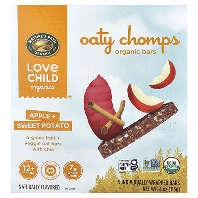 Love Child Organics, Nature's Path, Barritas orgánicas Oaty Chomps™, 12 meses en adelante, Manzana y batata, 5 barritas en envases individuales, 23 g (0,8 oz) cada una