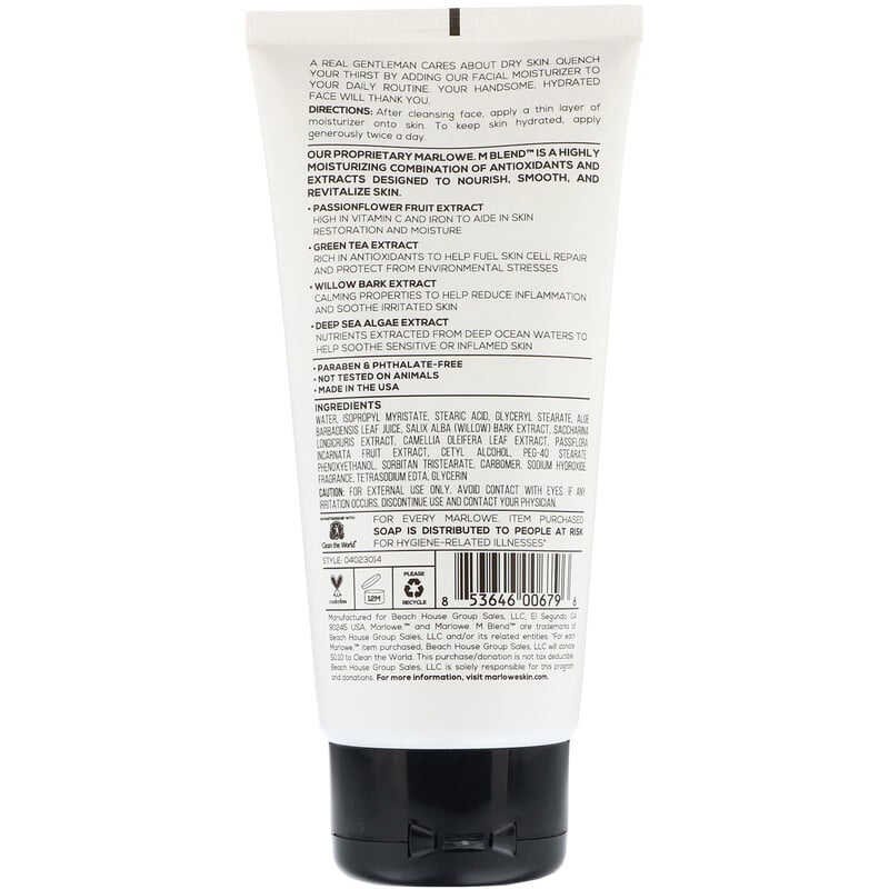 Marlowe, Men's Facial Moisturizer, No. 123, 6 Fl Oz (177.4 Ml)