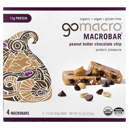 GoMacro, MacroBar®, Protein Pleasure, Peanut Butter Chocolate Chip, 4 Bars, 2.4 oz (69 g) Each