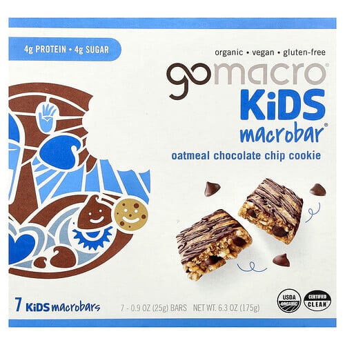 GoMacro, Kids MacroBar®, Oatmeal Chocolate Chip Cookie, 7 Bars, 0.9 oz (25 g) Each