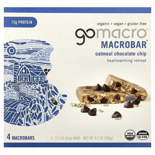 GoMacro, MacroBar®, Heartwarming Retreat, Oatmeal Chocolate Chip, 4 Bars, 2.3 oz (65 g) Each