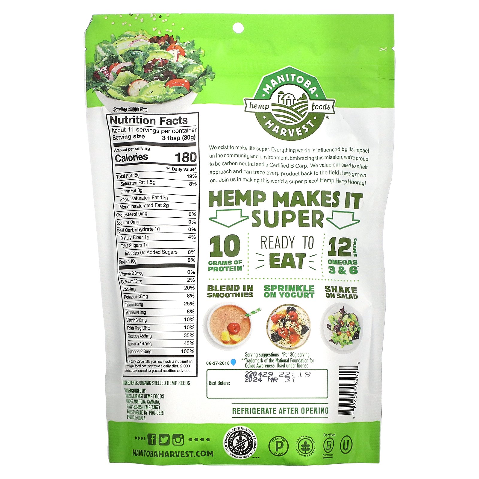 Manitoba Harvest Hemp Hearts Organic Shelled Hemp Seeds Delicious Nutty 12 Oz 340 G 7040