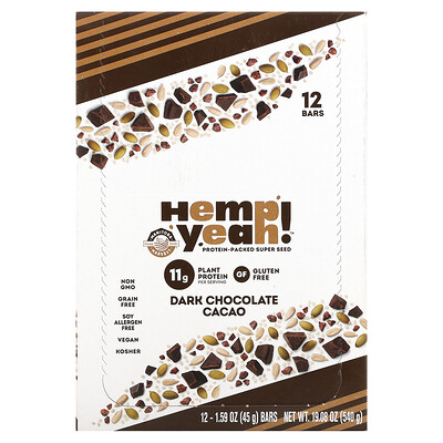 

Manitoba Harvest, Hemp Yeah!, Protein-Packed Super Seed Bar, Dark Chocolate Cacao, 12 Bars, 1.59 oz (45 g) Each