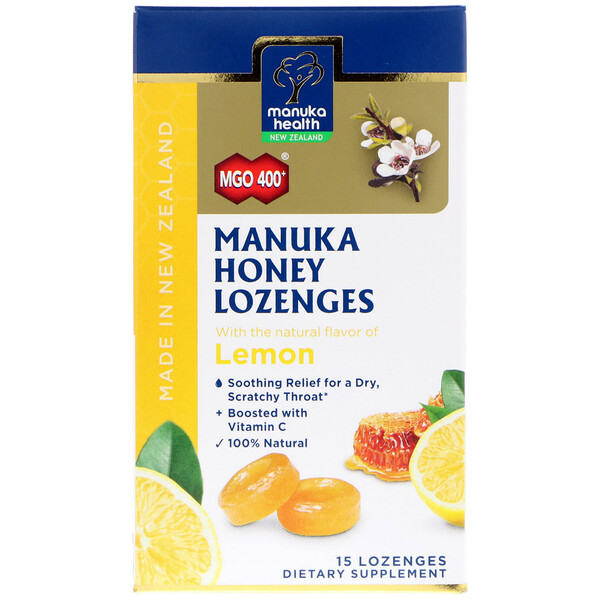 Manuka Health, ยาอมน้ำผึ้งมานูก้า รสเลมอน MGO 400+ บรรจุเม็ดอม 15 เม็ด