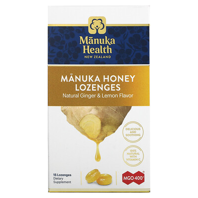 Manuka Health Леденцы с медом Manuka, MGO 400+, имбирь и лимон, 15 леденцов