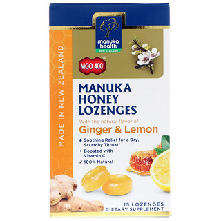 Manuka Health, Леденцы с медом Manuka, MGO 400+, имбирь и лимон, 15 леденцов
