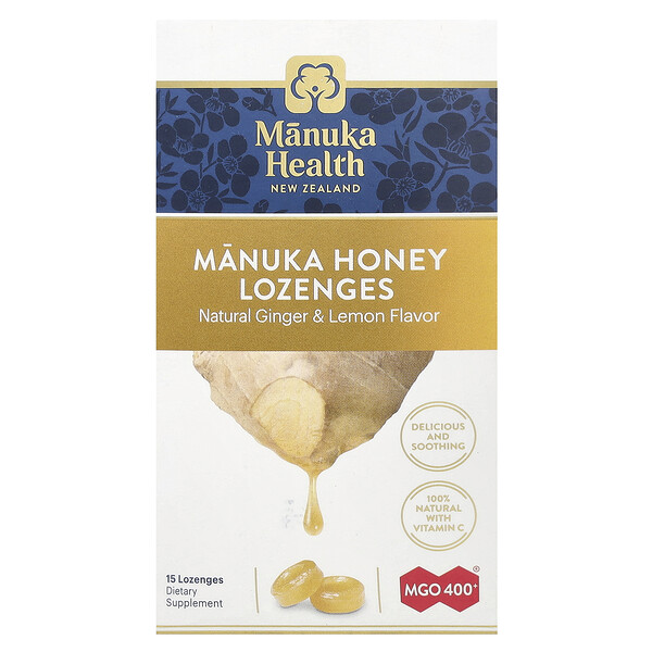 Manuka Health Manuka Honey Lozenges, Natural Ginger & Lemon, MGO 400+, 15 Lozenges