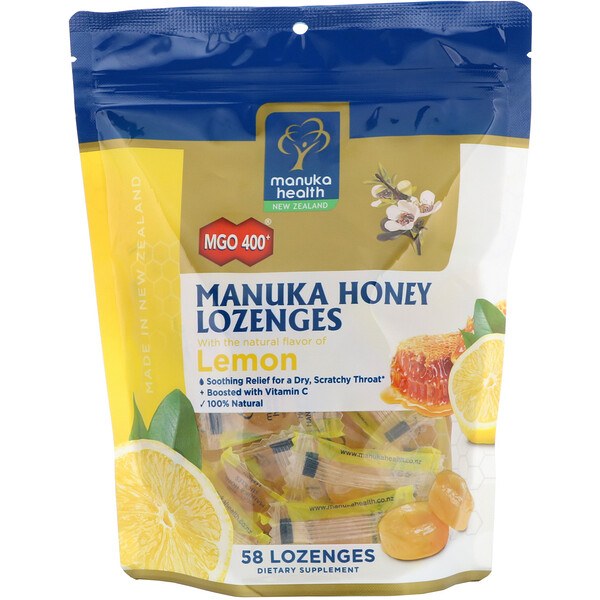 Manuka Health, 마누카 꿀 사탕 정제, MGO 400+, 레몬 맛, 사탕 정제 58정