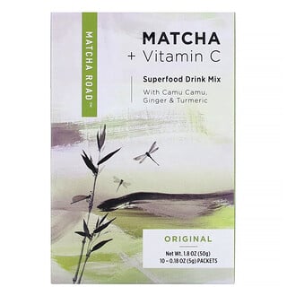Matcha Road, Matcha y vitamina C, Mezcla para bebidas a base de superalimentos, Sabor original, 10 sobres, 5 g (0,18 oz) cada uno