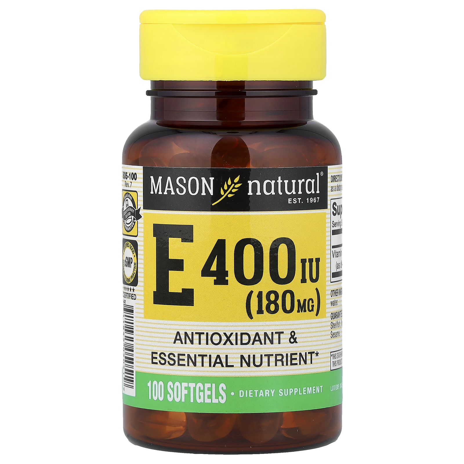 Mason Natural (메이슨 내추럴), 비타민E, 180mg(400IU), 소프트젤 100정