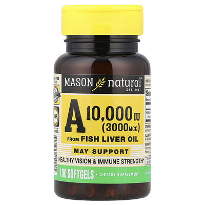 Mason Natural, Vitamina A proveniente del aceite de hígado de pescado, 3000 mcg (10.000 UI), 100 cápsulas blandas