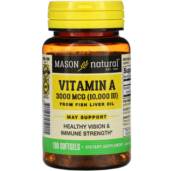 Mason Natural, витамин A из жира печени рыбы, 3000 мкг (10 000 МЕ), 100 капсул