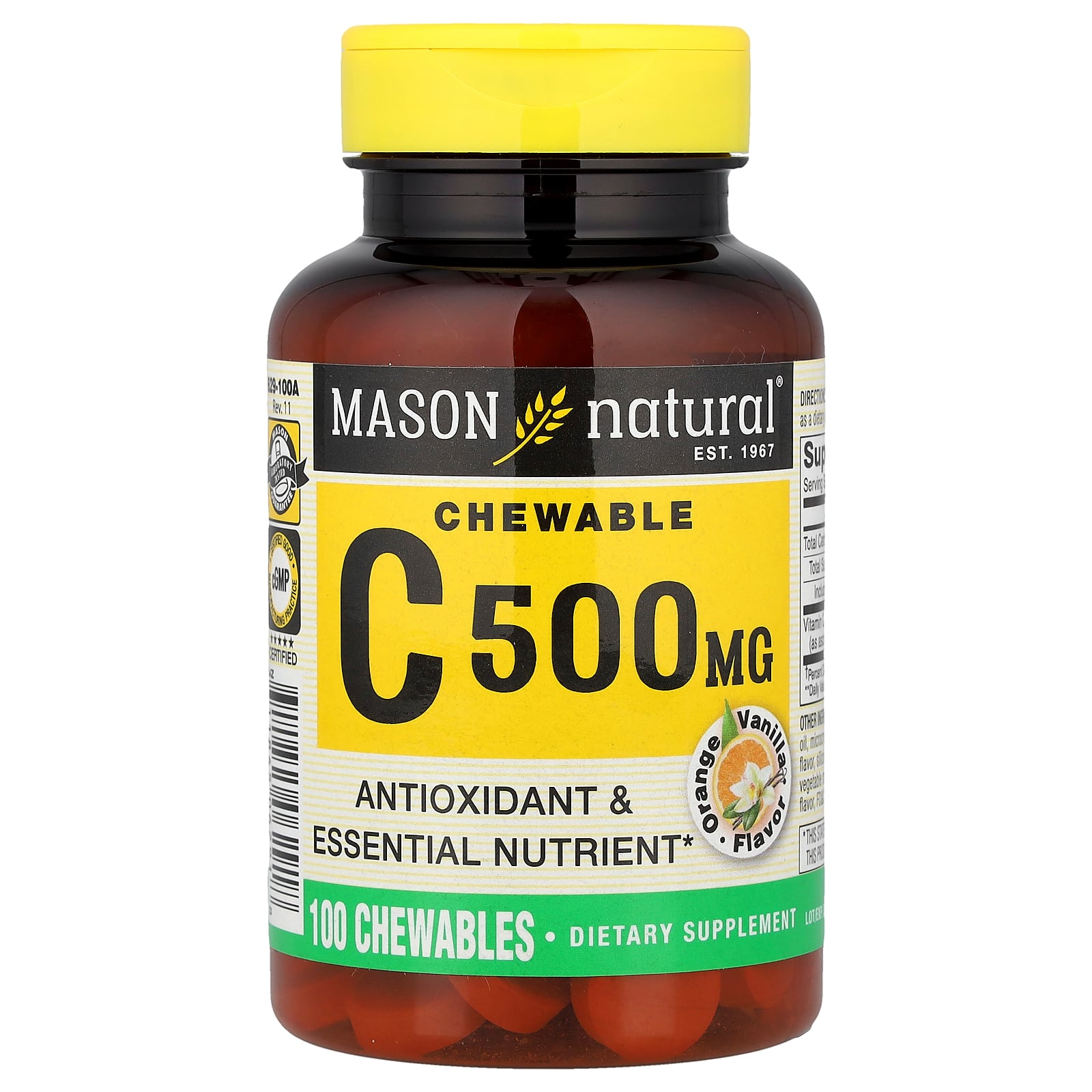 Mason Natural (메이슨 내추럴), 비타민C, 오렌지 바닐라, 500mg, 츄어블 100정