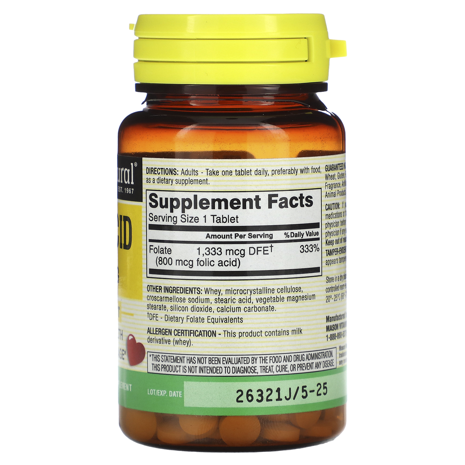 Mason Natural, Folic Acid, 800 Mcg, 100 Tablets