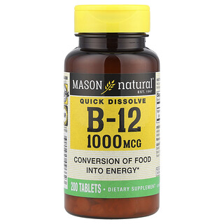 Mason Natural, Vitamina B12 de rápida disolución, 1000 mcg, 200 comprimidos