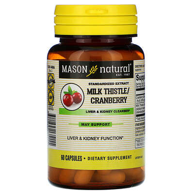 Mason Natural Milk Thistle/Cranberry, Standardized Extract, Liver & Kidney Cleanser, 60 Capsules