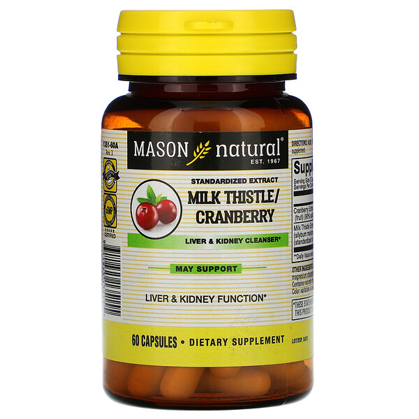 Mason Natural, стандартизованный экстракт расторопши и клюквы, средство для очищения печени и почек, 60 капсул
