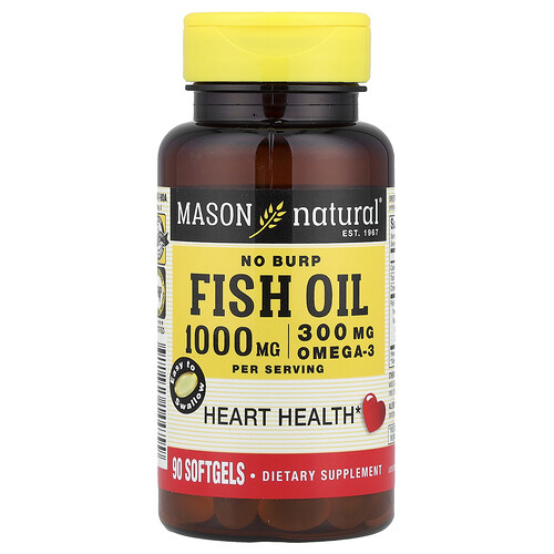 Mason Natural, Röyhtäilemätön kalaöljy, 90 pehmeää kapselia (500 mg per pehmeä kapseli)