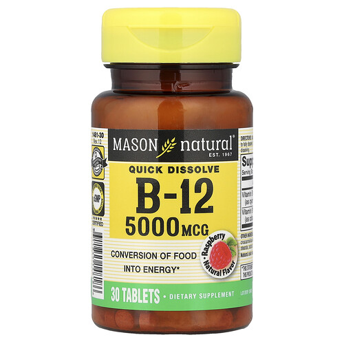 Mason Natural, Quick Dissolve, Vitamin B-12, Raspberry, 5,000 mcg, 30 Tablets