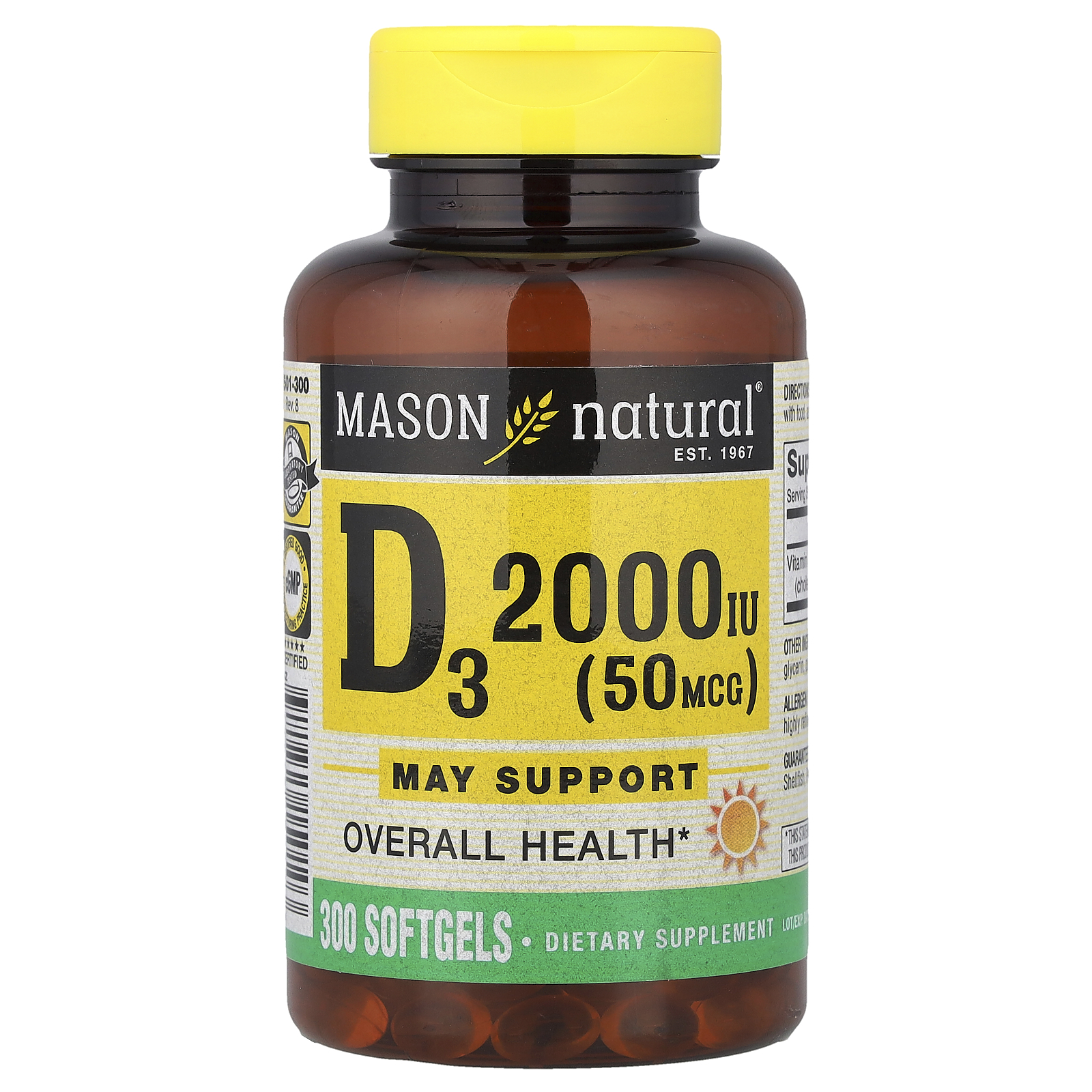 Mason Natural (메이슨 내추럴), 비타민D3, 50mcg(2,000IU), 소프트젤 300정