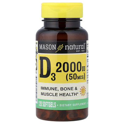 Mason Natural, Vitamina D3, 50 mcg (2000 UI), 120 cápsulas blandas