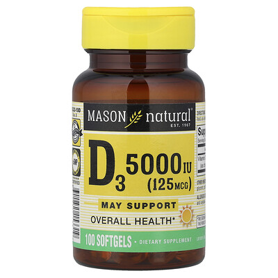 Product Image for Mason Natural, Vitamin D3, 125 mcg (5000 IU), 100 Softgels