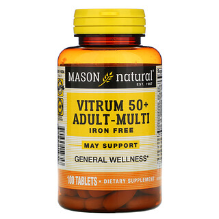Mason Natural, ビタミン50＋成人用マルチ、鉄分不使用、タブレット100粒