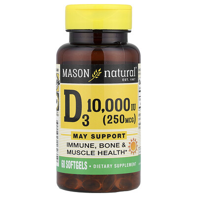 Product Image for Mason Natural, Vitamin D3, 250 mcg (10,000 IU), 60 Softgels
