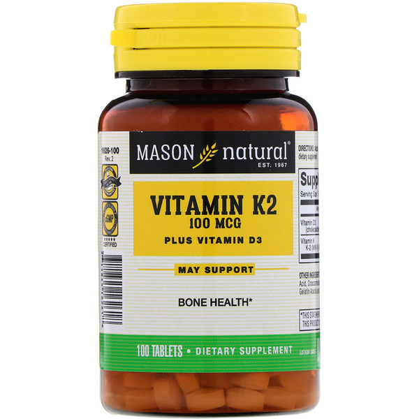 Mason Natural, Витамин K2 плюс Витамин D3, 100 мкг, 100 таблеток
