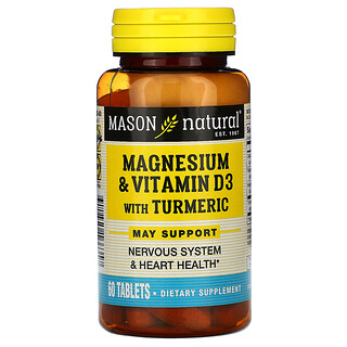 Mason Natural, Magnesio y vitamina D3 con cúrcuma, 60 tabletas