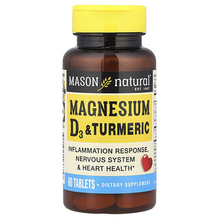 Mason Natural, Magnesium, D3-vitamin og gurkemeje, 60 tabletter