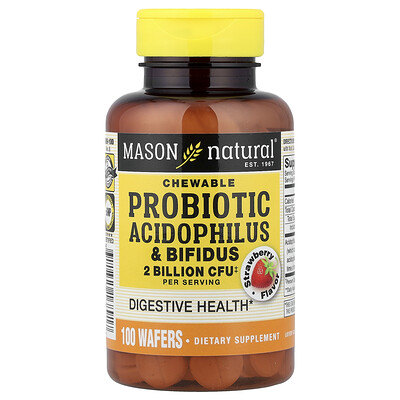 Mason Natural, Acidophilus y bifidobacterias probióticos masticables, Fresa, 100 obleas (34 mg por oblea)