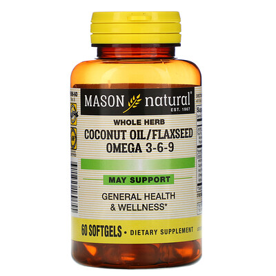 Mason Natural Whole Herb Coconut Oil/Flaxseed Omega 3-6-9, 60 Softgels