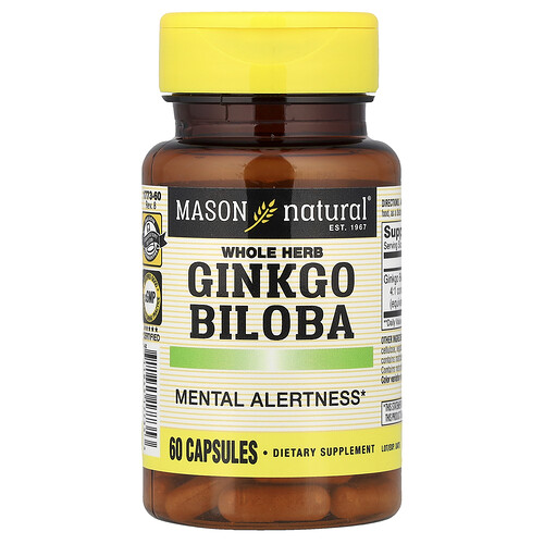 Mason Natural, Ginkgo biloba, hierba entera, 60 cápsulas (125 mg por cápsula)