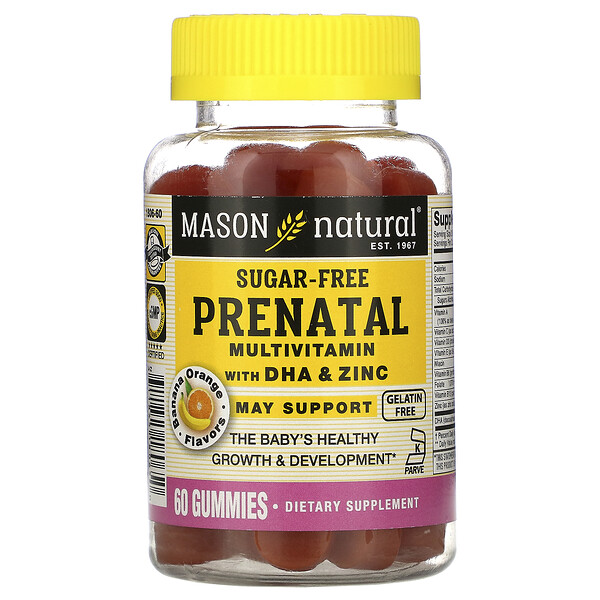 Mason Natural, 妊婦用マルチビタミン、DHA＆亜鉛配合、糖質ゼロ、バナナ・オレンジ、60粒