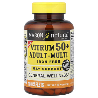 Mason Natural, Vitrum Suplemento multivitamínico para adultos de 50 años en adelante, Sin hierro, 180 comprimidos oblongos
