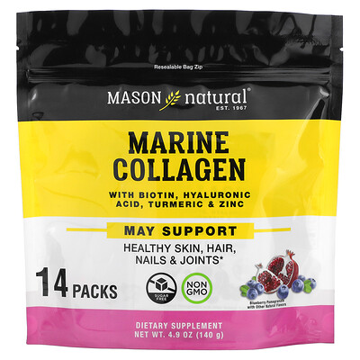 

Mason Natural Морской коллаген с биотином гиалуроновая кислота куркума и цинк голубика и гранат 14 пакетиков 140 г (4 9 унции)