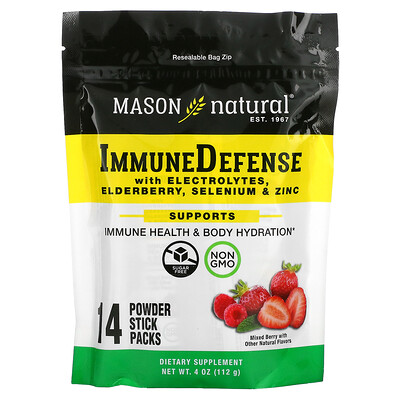 

Mason Natural, Immune Defense with Electrolytes, Elderberry, Selenium & Zinc, Mixed Berry, 14 Powder Stick Packs, 4 oz (112 g)