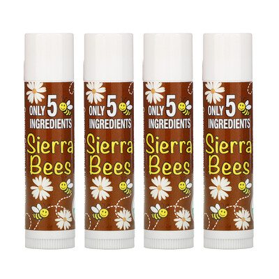 Sierra Bees Органические бальзамы для губ, кокос, 4 шт. в упаковке, 4,25 г (0,15 унции) каждый