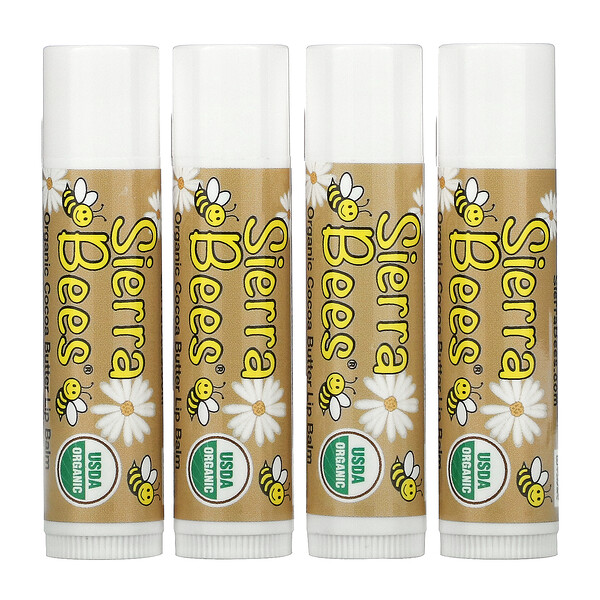 Sierra Bees, Органические бальзамы для губ, какао-масло, 4 штуки в упаковке весом 0,15 унции (4,25 г) каждая