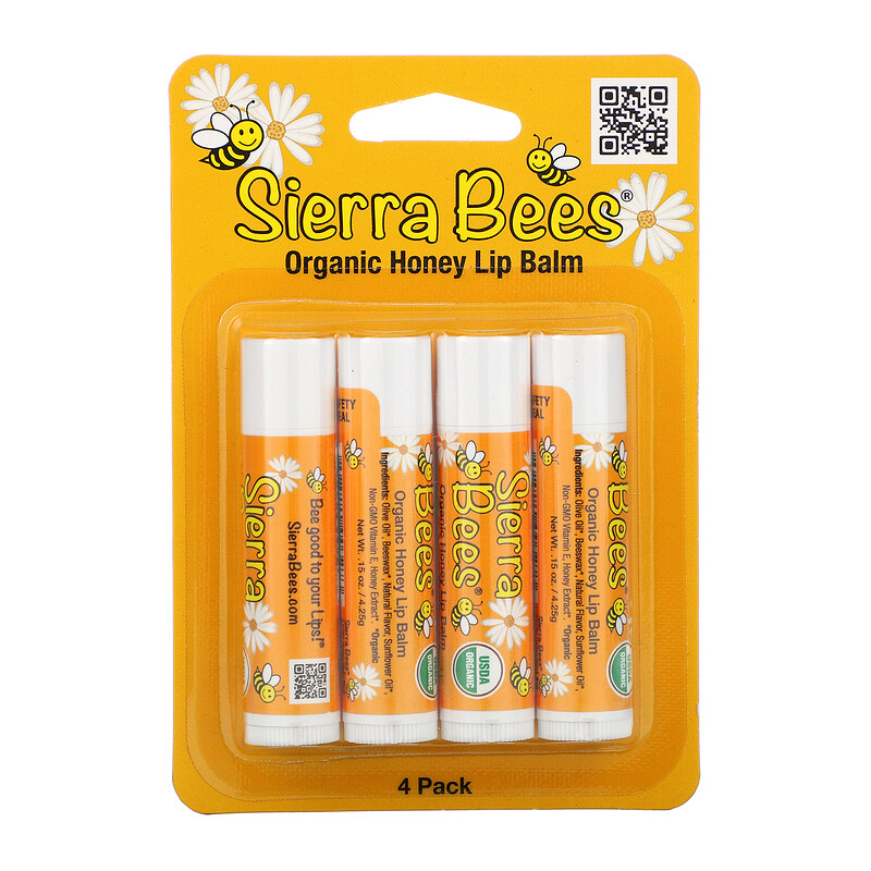Sierra Bees, Organic Lip Balms, Honey, 4 Pack, .15 oz (4.25 g) Each - iHerb